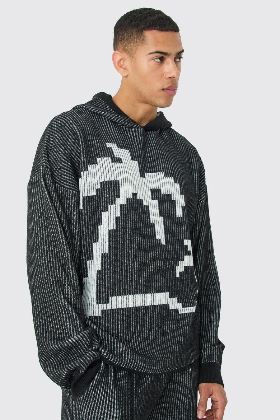 Black Oversized Boxy Palm Ribbed Knitted Hoodie image number 1