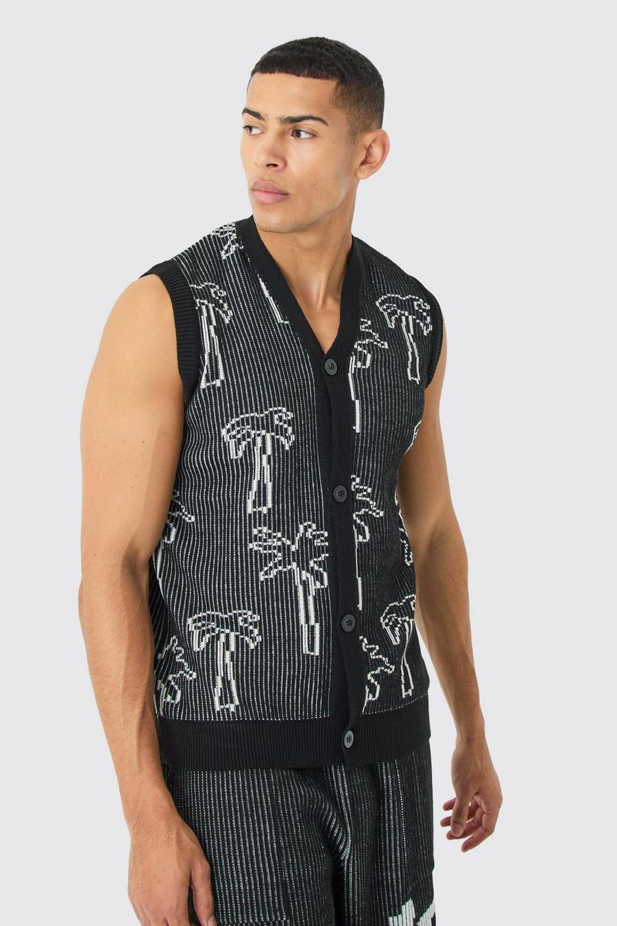 Black Geribbeld Gebreid Palm Print Hemd Met Knopen