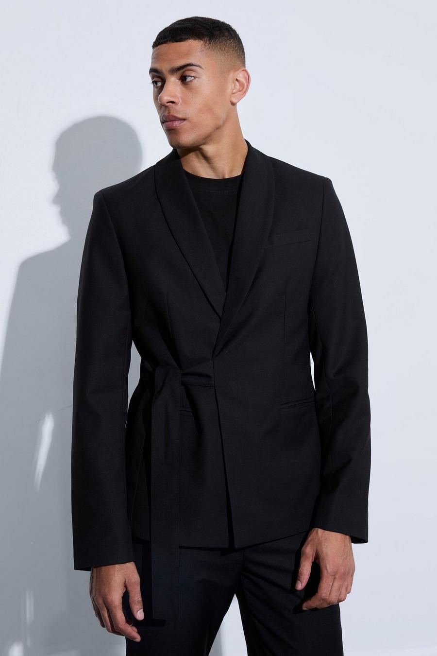 Black Slim Fit Wrap Tie Blazer image number 1