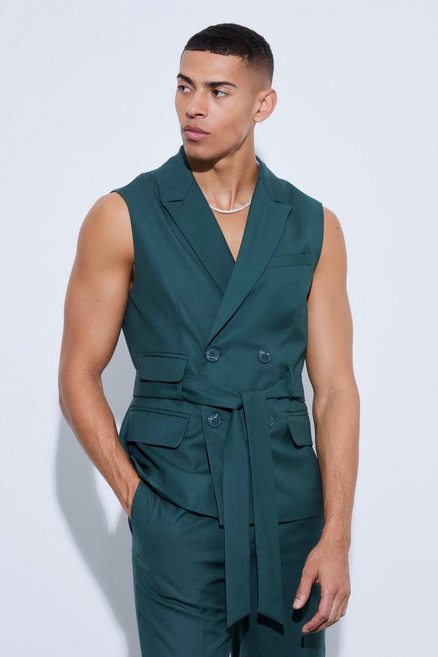 Green Sleeveless Belted Double Breasted Blazer image number 1