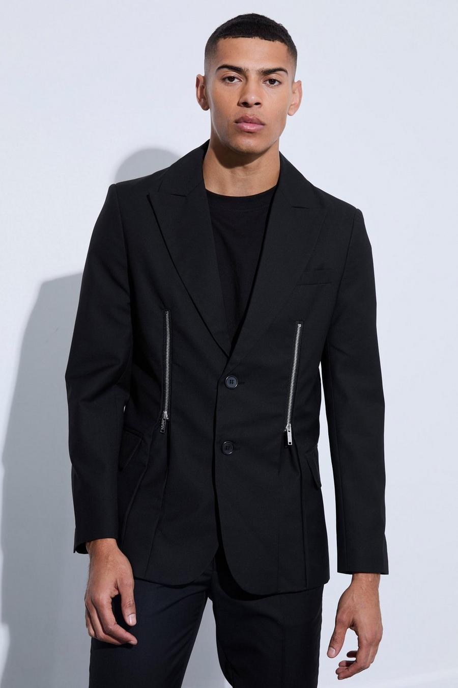 Skinny Anzugjacke mit Reißverschluss, Black image number 1