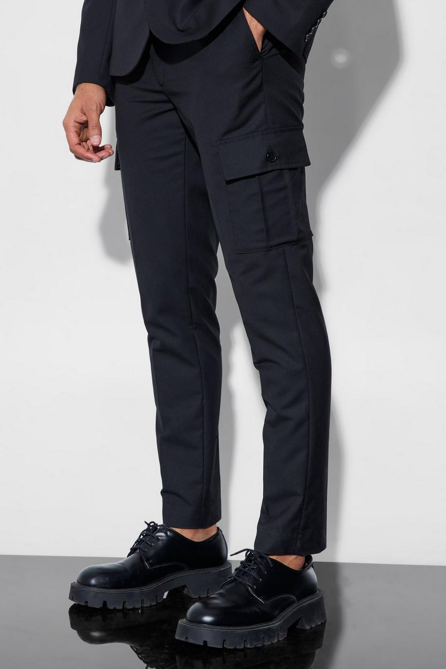 Black Skinny Fit Cargo Suit Trousers image number 1