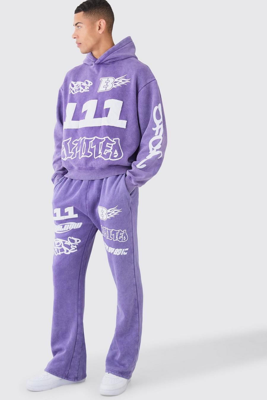 Kastiger Oversize Trainingsanzug mit Print und Kapuze, Purple