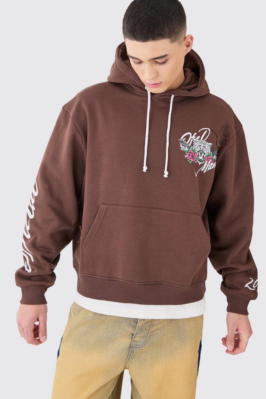 Sudadera oversize recta con capucha y estampado de tigre, Chocolate