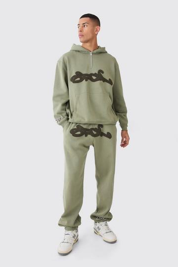 1/4 Zip Oversized Towelling Applique Tracksuit khaki