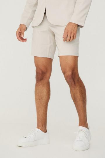 Stone Beige Textured Slim Fit Suit Shorts