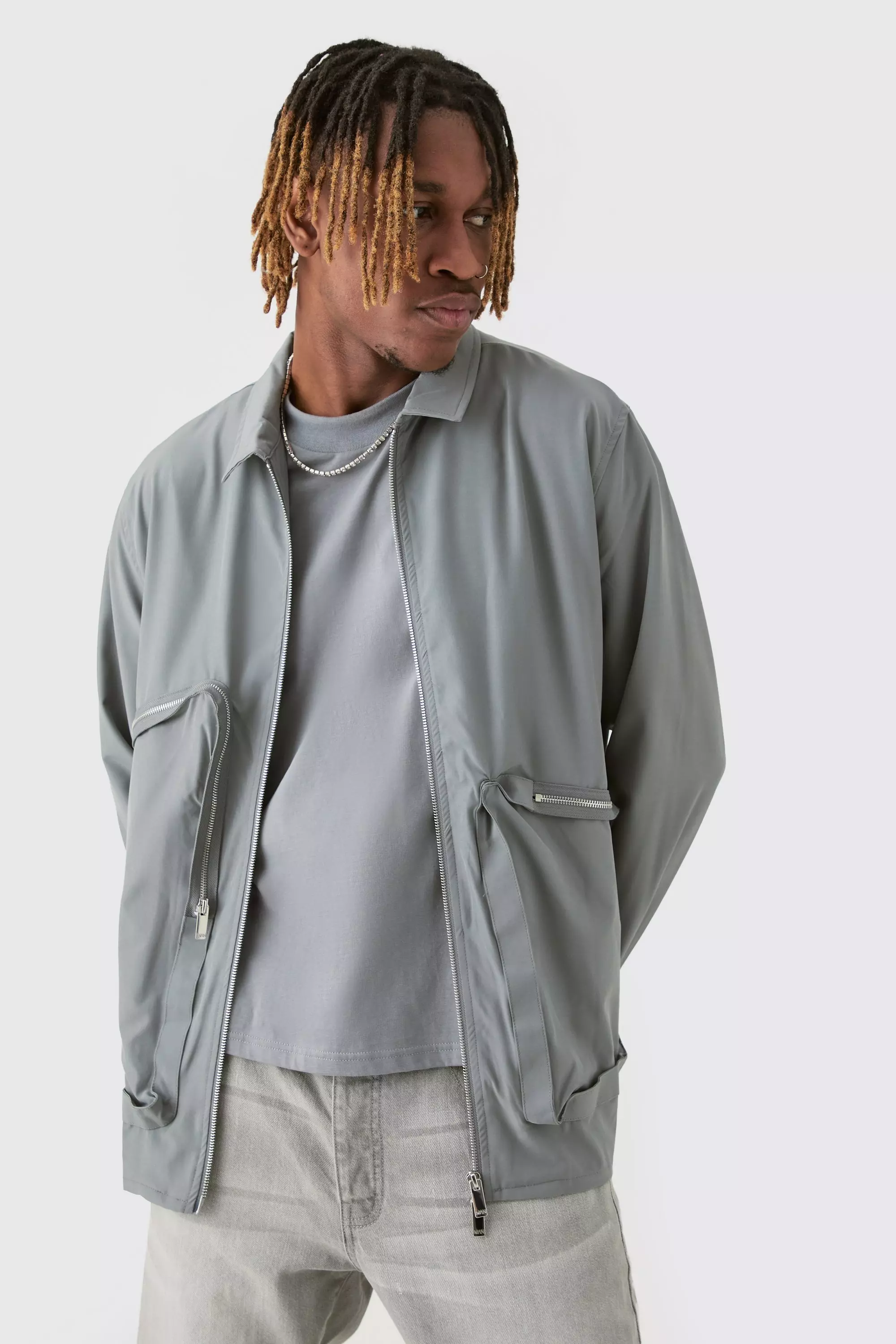 Charcoal Tall Technical Stretch Harrington Asymmetrical Jacket صورة بديلة