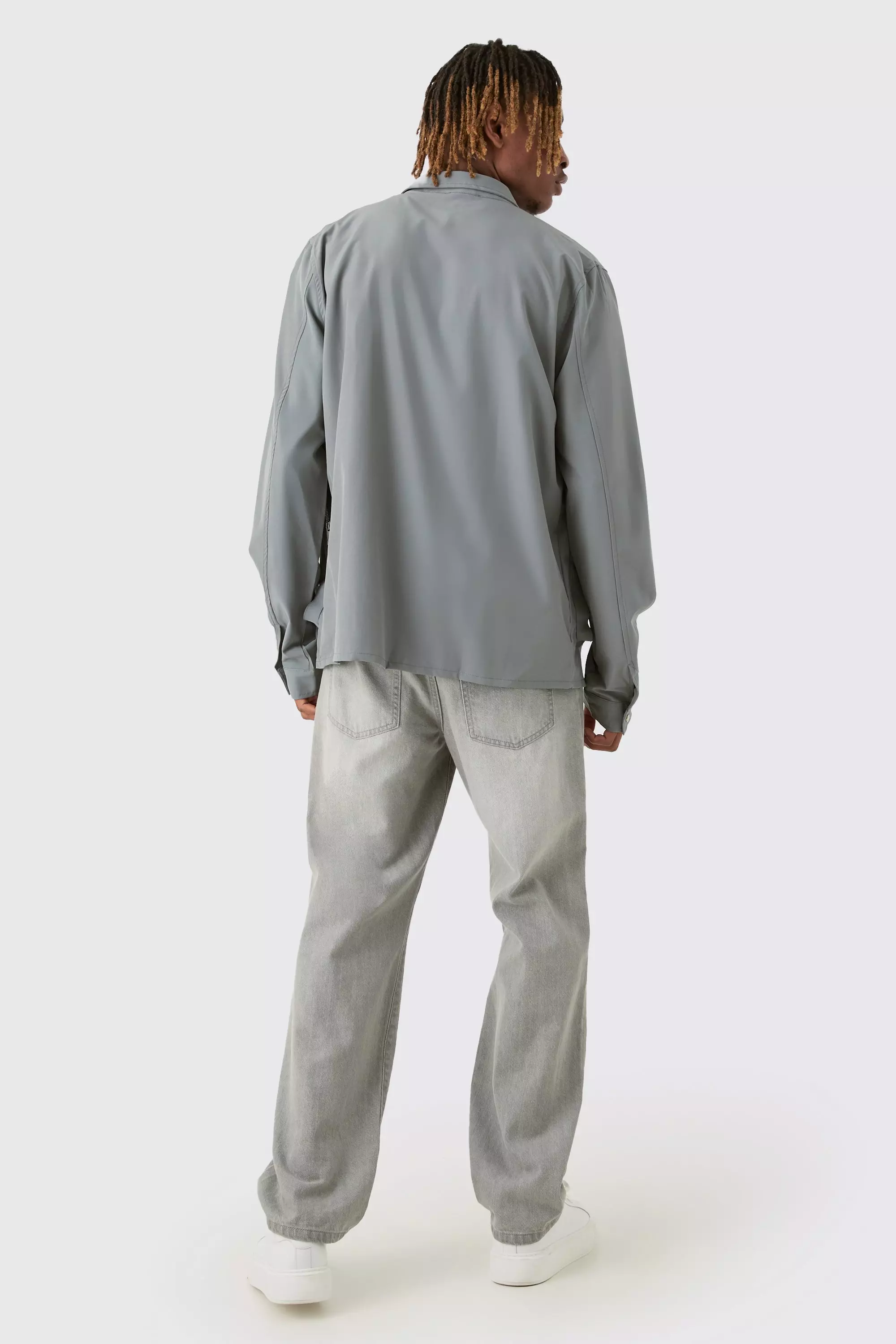 Charcoal Tall Technical Stretch Harrington Asymmetrical Jacket صورة بديلة