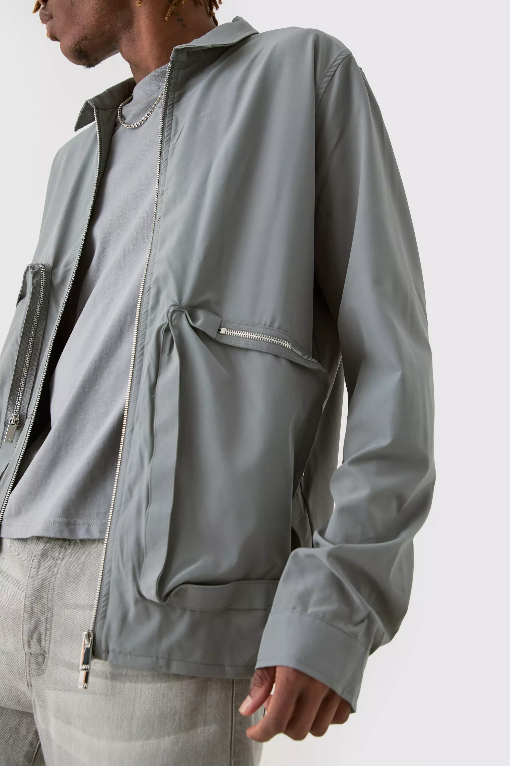 Charcoal Tall Technical Stretch Harrington Asymmetrical Jacket صورة بديلة