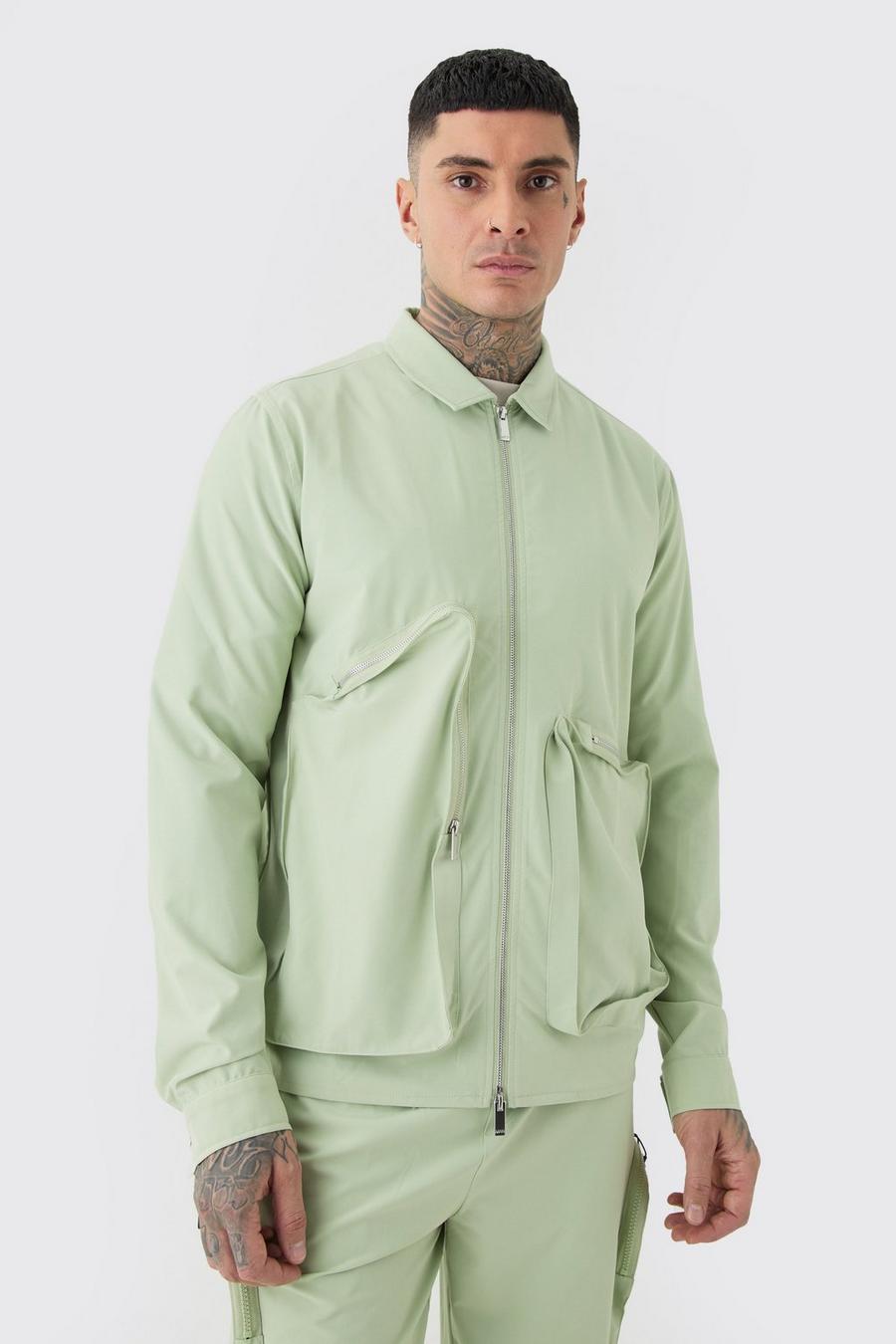 Giacca Harrington Tall asimmetrica in Stretch tecnico, Sage image number 1