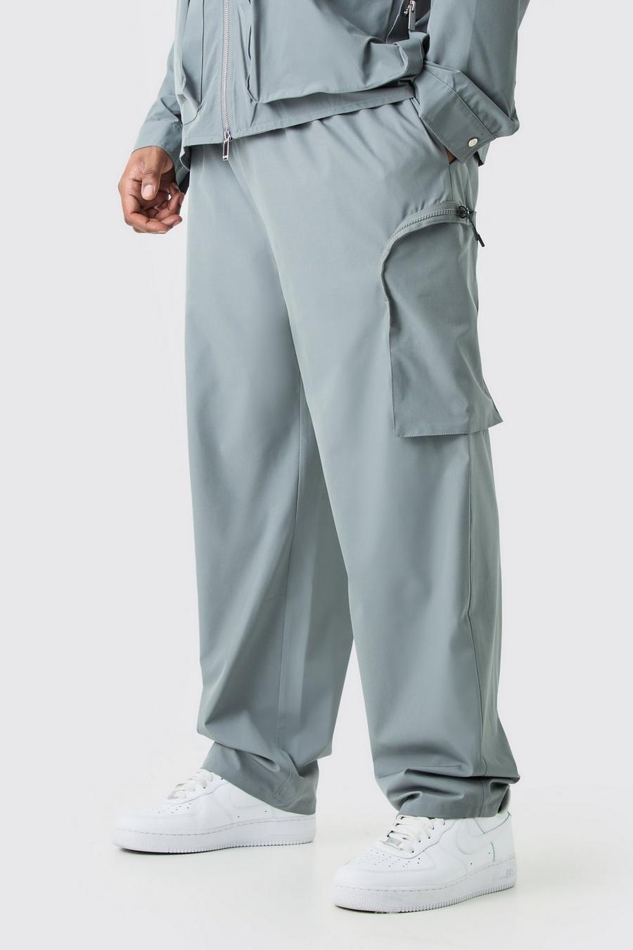 Pantaloni Cargo Plus Size in Stretch tecnico con vita elasticizzata e zip, Charcoal image number 1