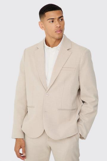 Stone Beige Micro Houndstooth Tailored Suit Jacket