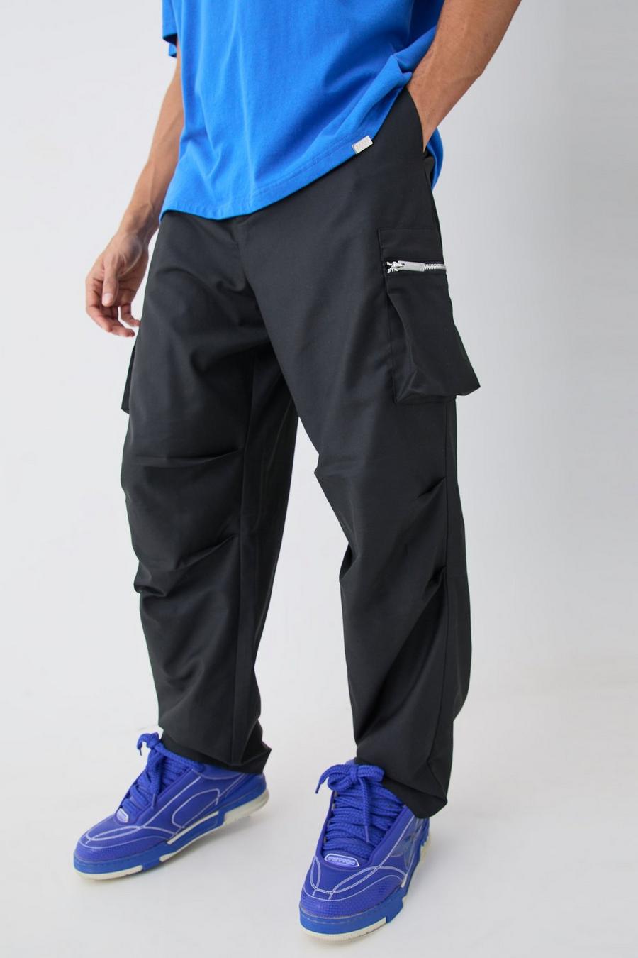Pantaloni sartoriali stile Cargo con zip e tasche, Black