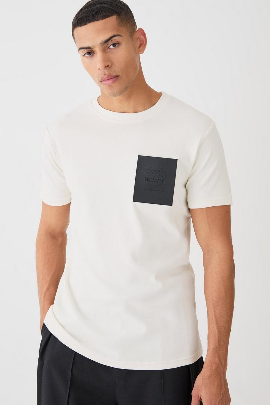 Camiseta con bolsillo de cuero sintético, Cream