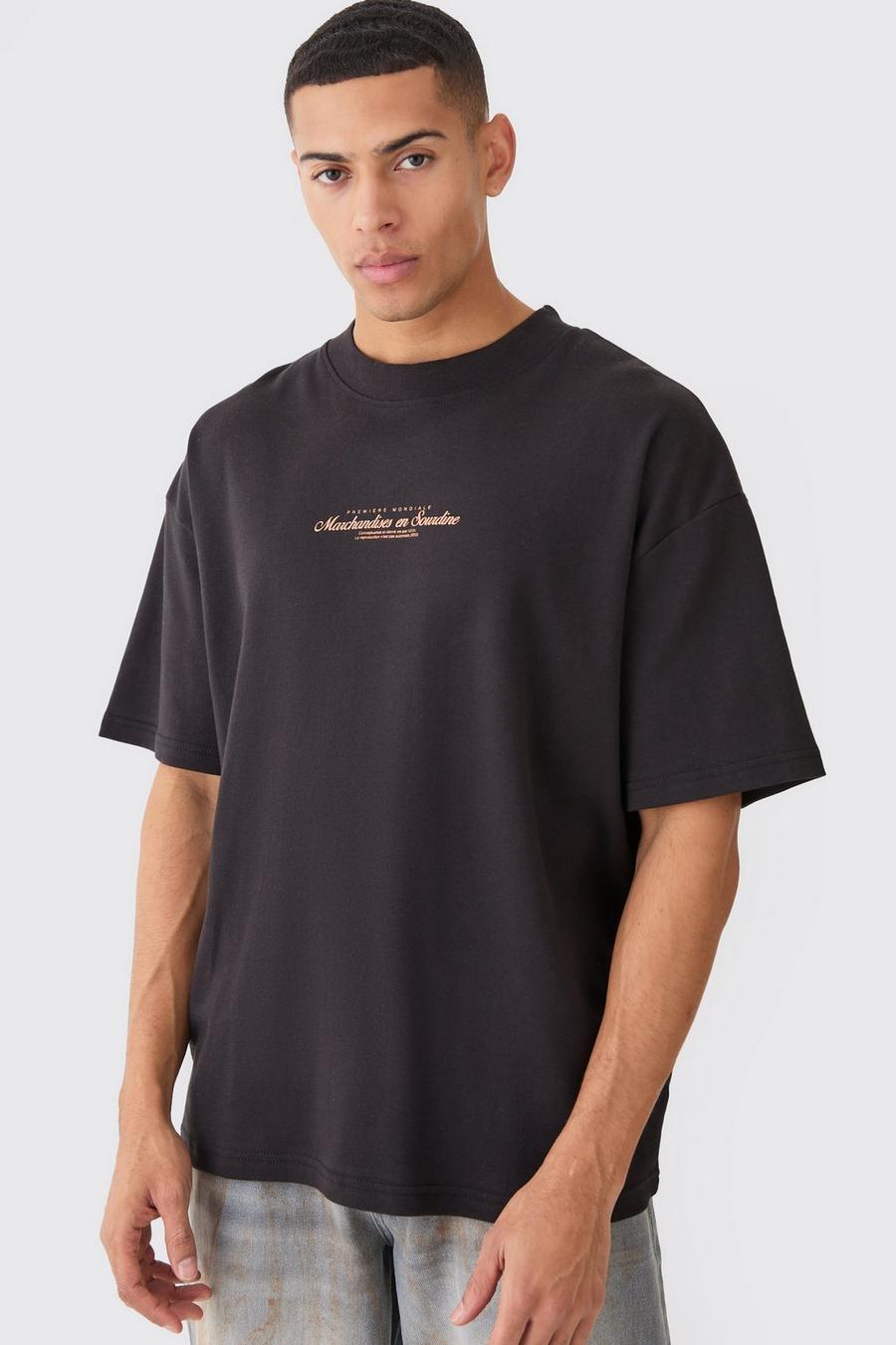 T-shirt oversize con stampa e girocollo esteso, Black