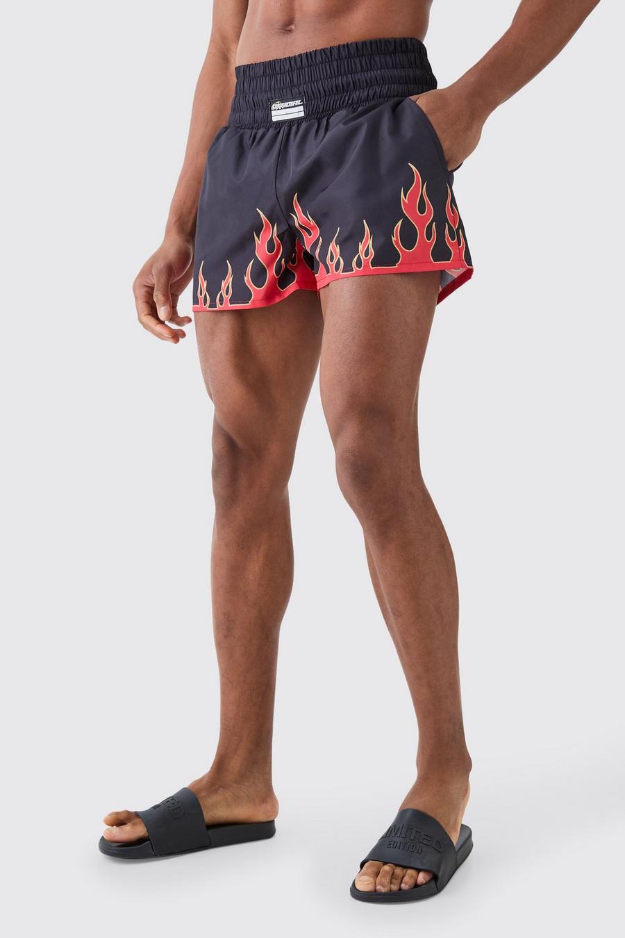 Black Fighter Style Flame Printed Swim Shorts image number 1