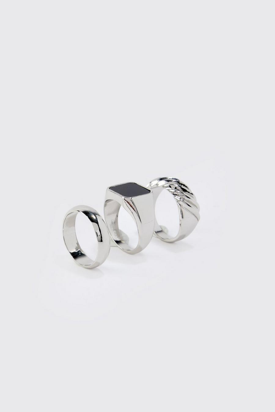 Pack de 3 anillos estilo sello, Silver