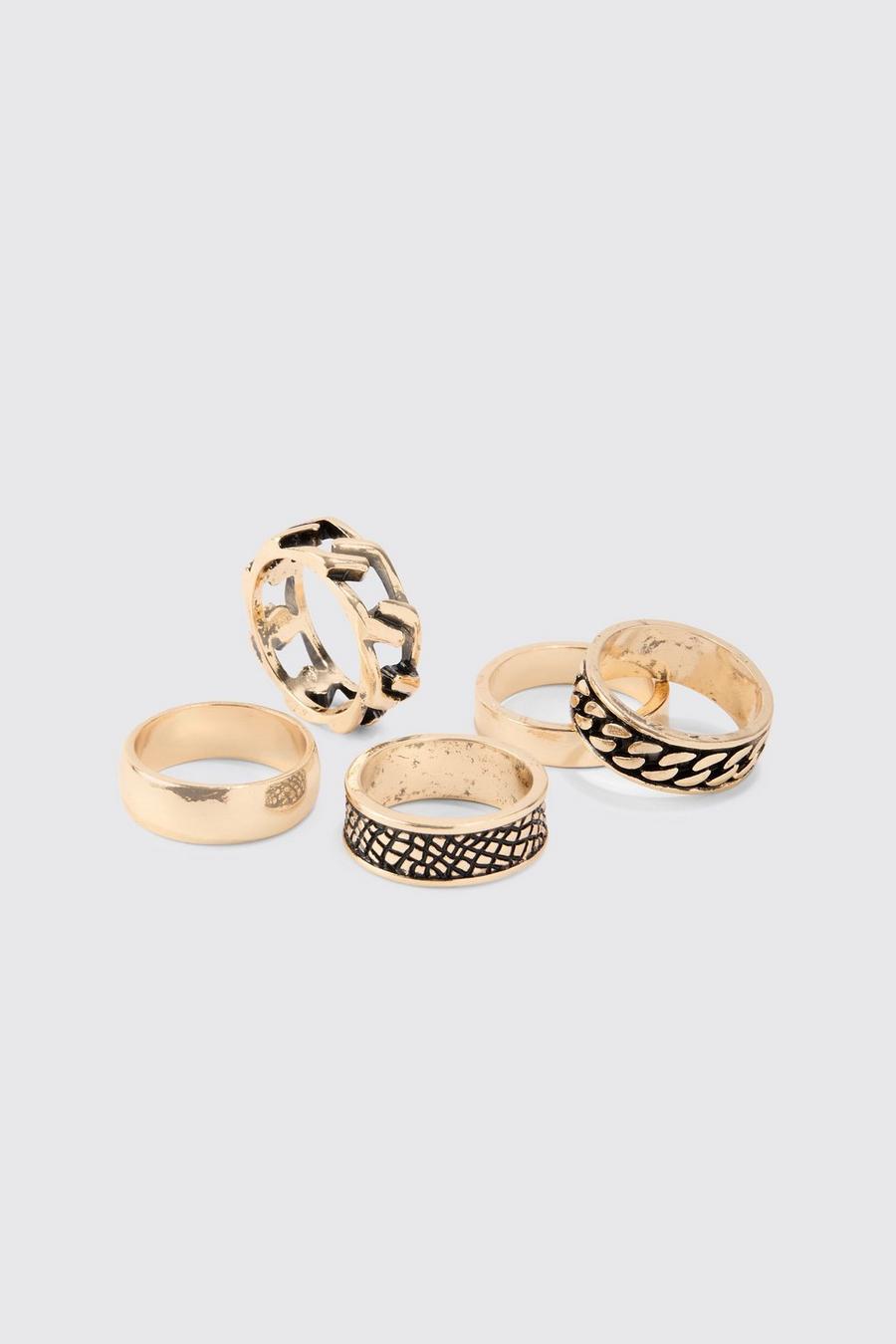 Pack de 5 anillos con detalle de cadena, Gold image number 1