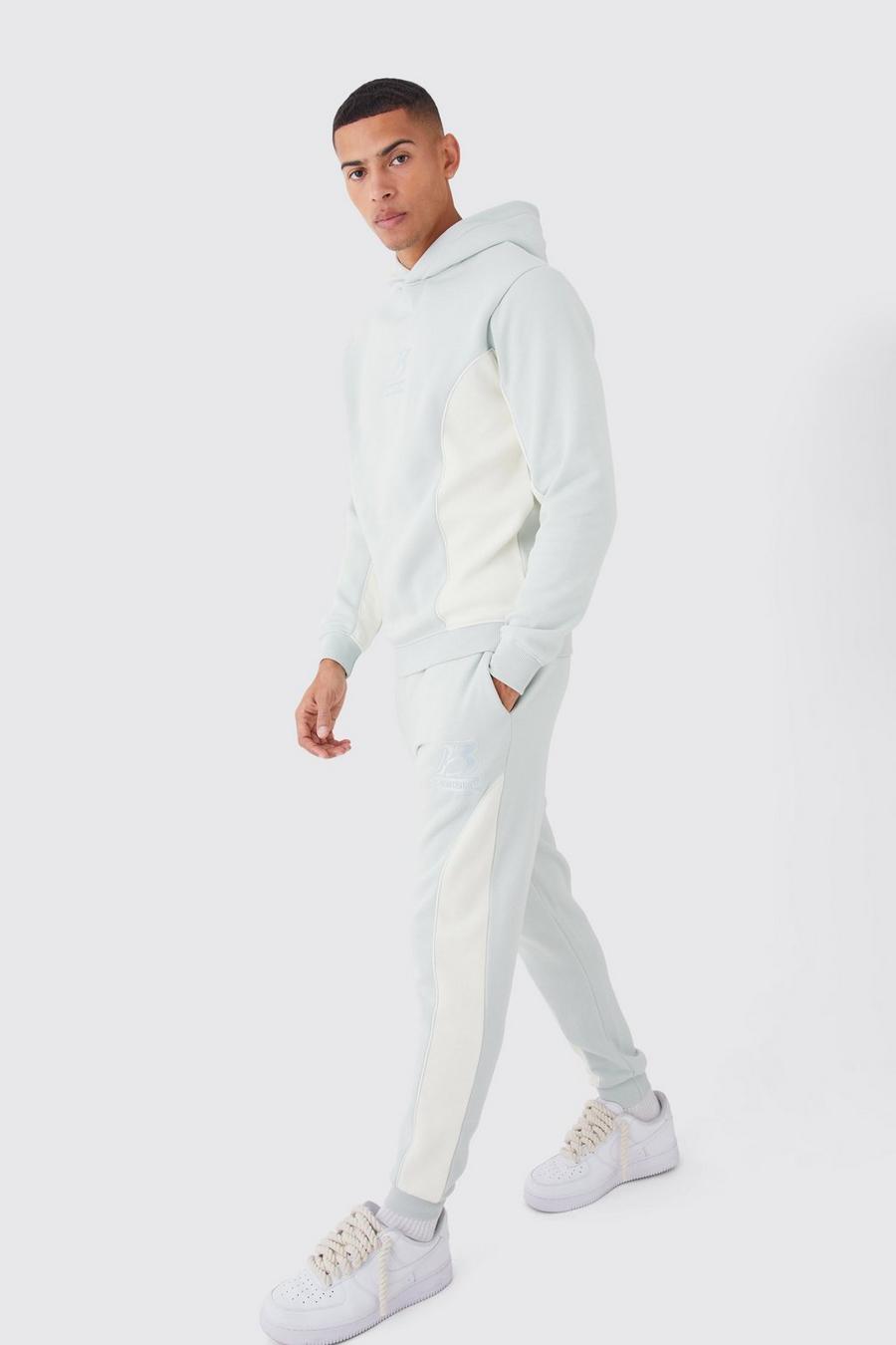 Bestickter Slim-Fit Colorblock Trainingsanzug, Khaki image number 1