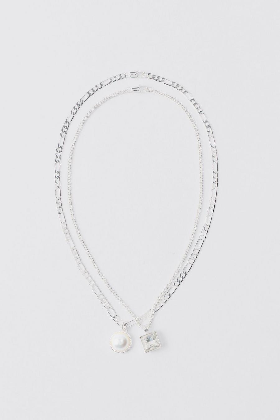Silver Halsband med kedjor och pärlor