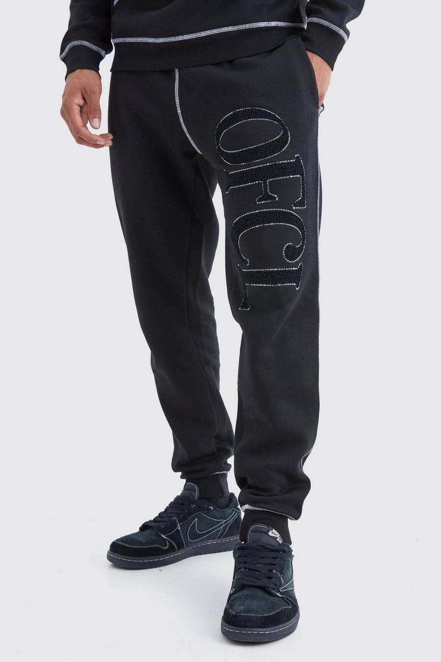 Black Nepwollen Regular Fit Joggingbroek Met Contrasterende Stiksels image number 1