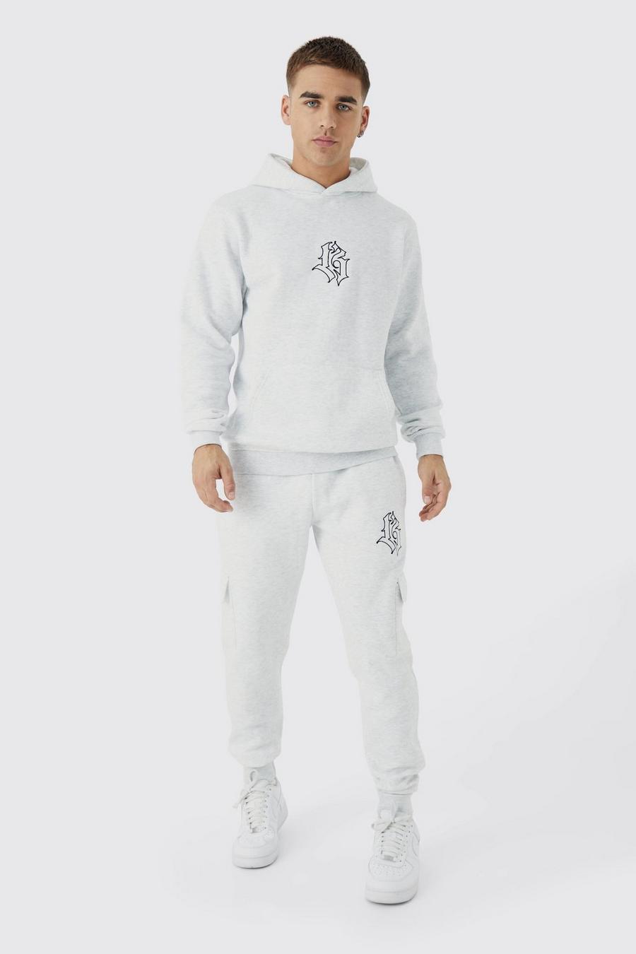 Ash grey Slim Fit Embroidered Cargo Tracksuit