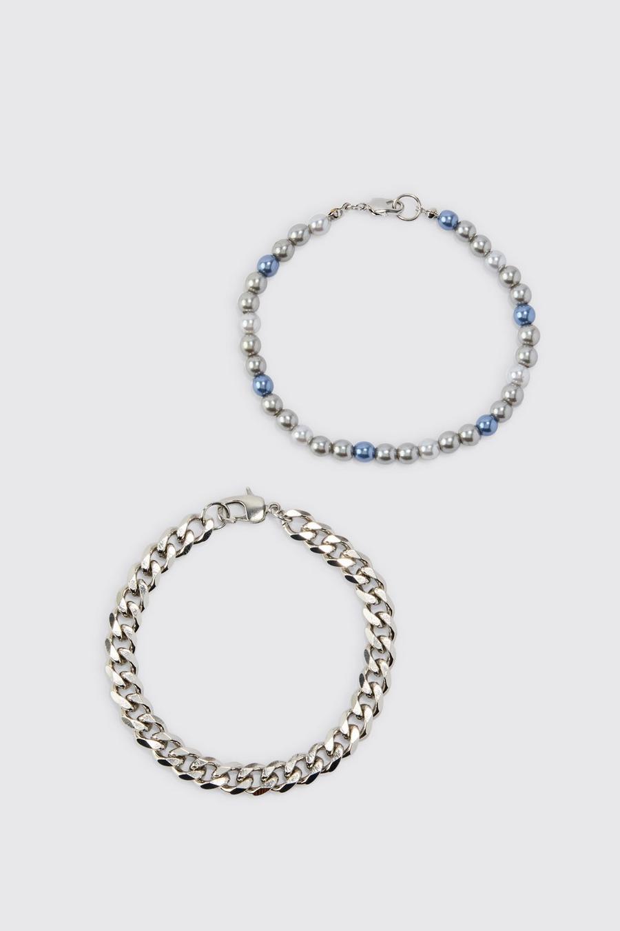 Silver 2 Pack Pearl And Chain Bracelets image number 1