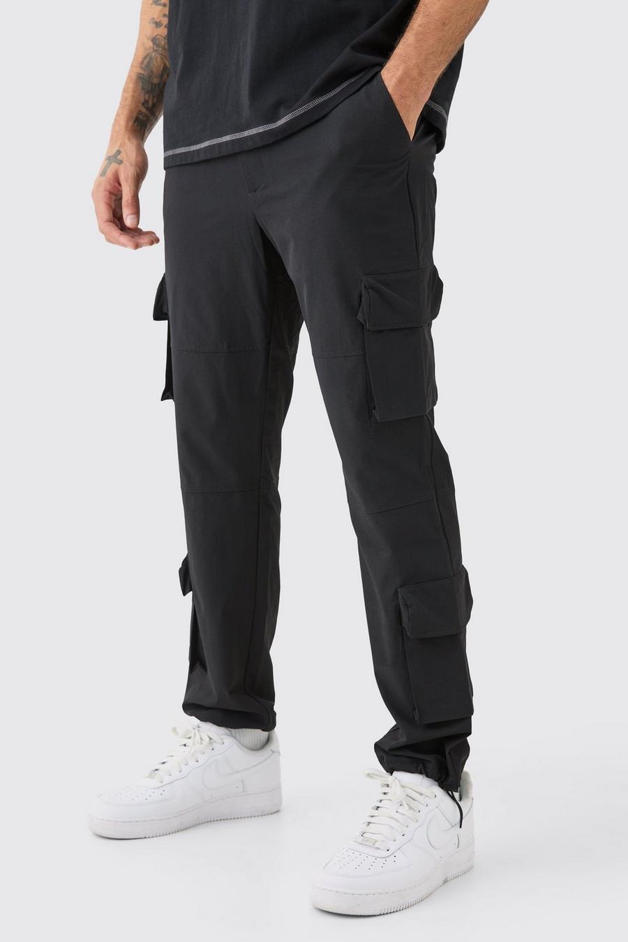 Pantalón técnico elástico con bolsillos cargo 3D, Black