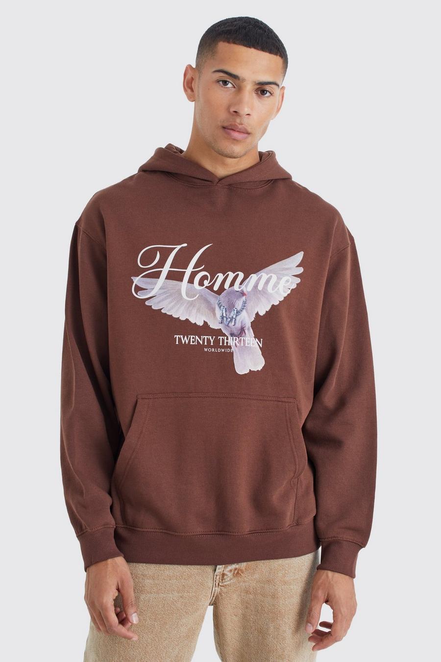 Chocolate Oversized Dove Graphic Hoodie  image number 1