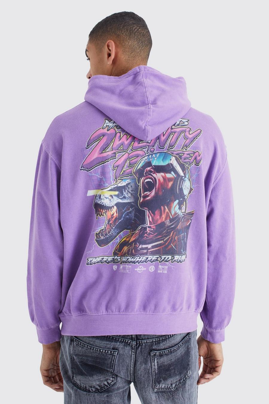 Sudadera oversize con capucha y estampado gráfico sobreteñido, Purple