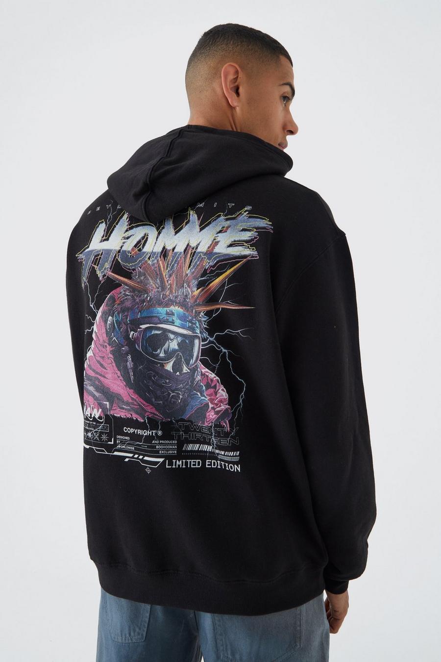 Oversize Hoodie mit Homme Print, Black image number 1