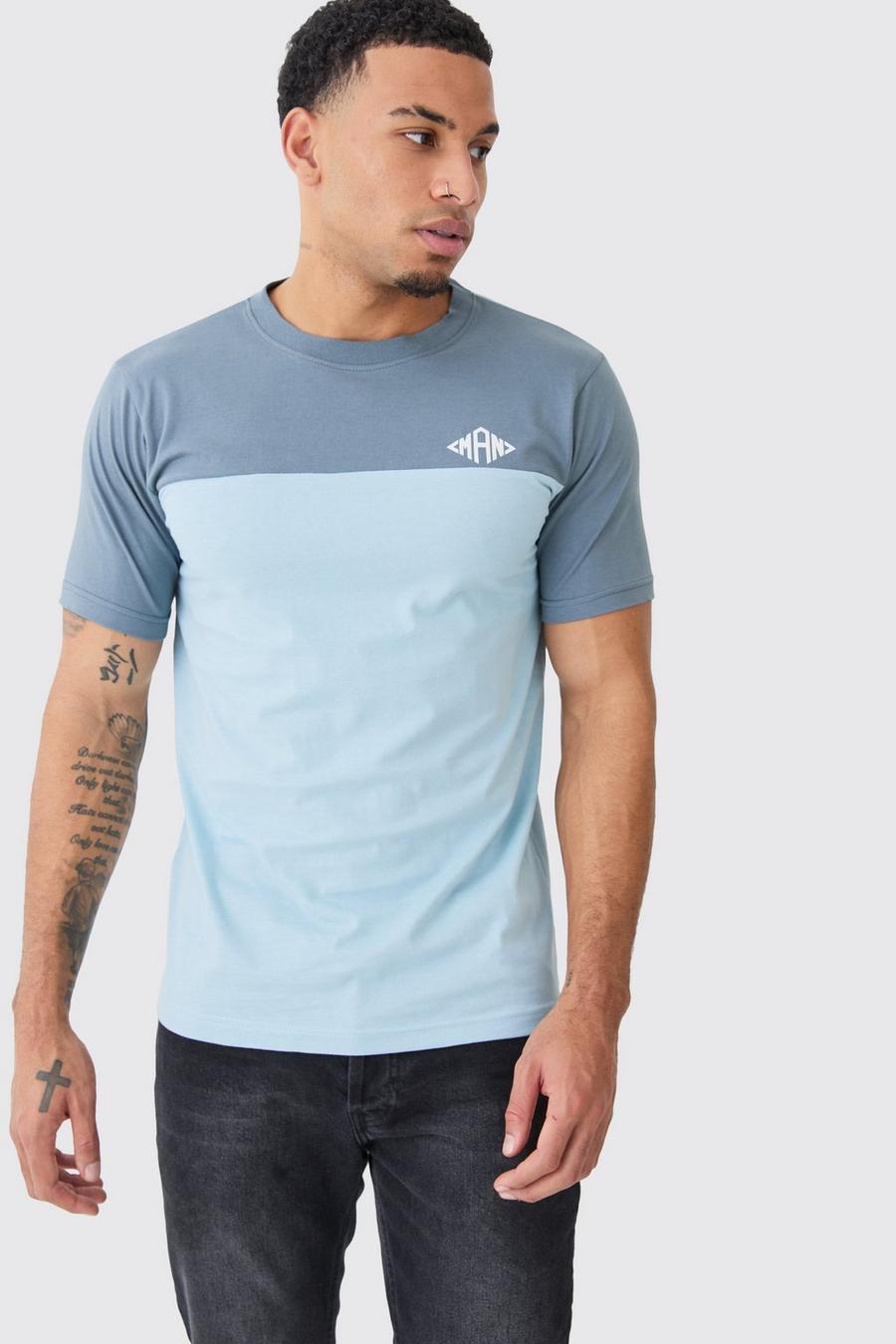 Light blue Man Geruit Slim Fit Color Block T-Shirt