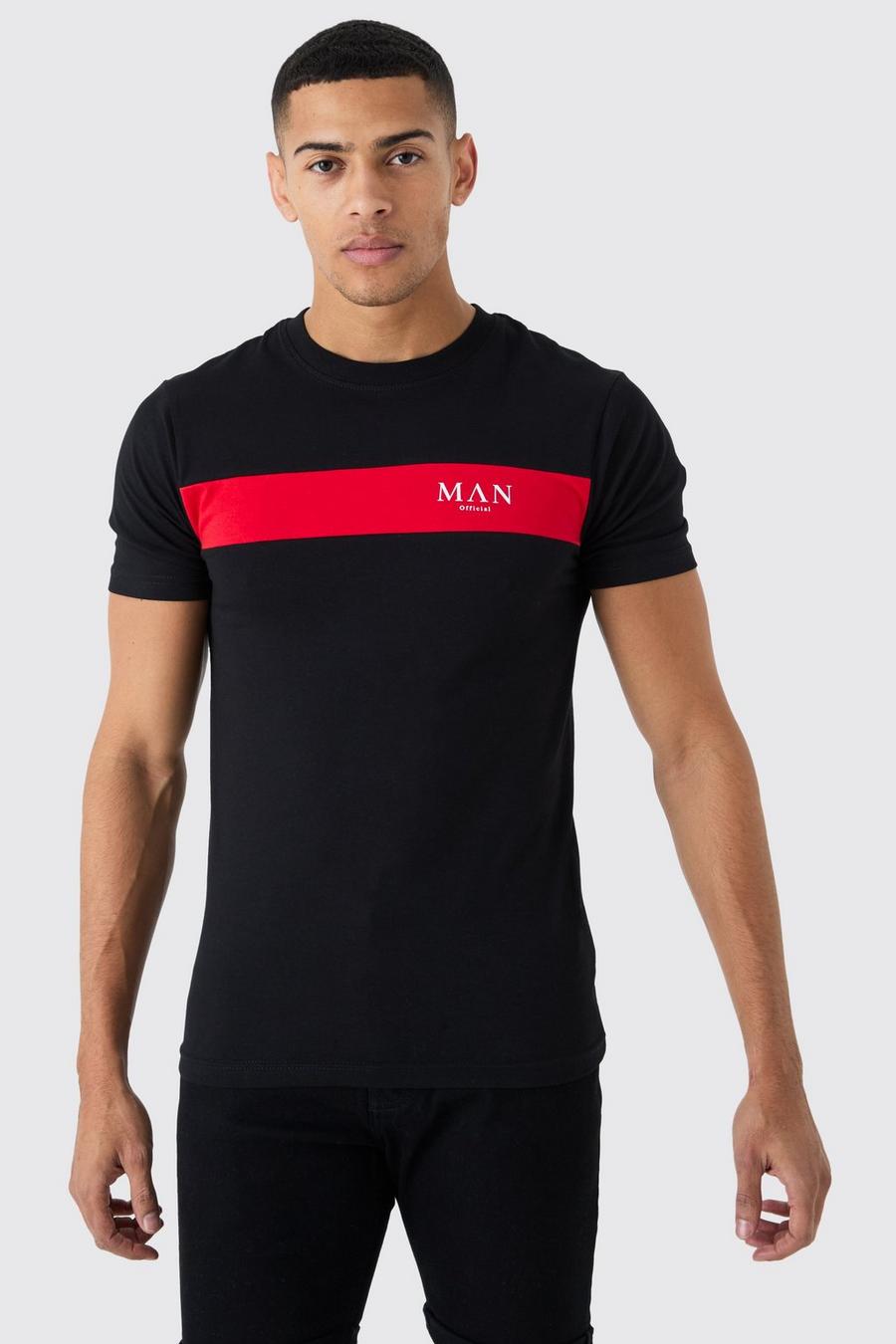 Camiseta MAN con letras romanas ajustada al músculo con colores en bloque, Black image number 1