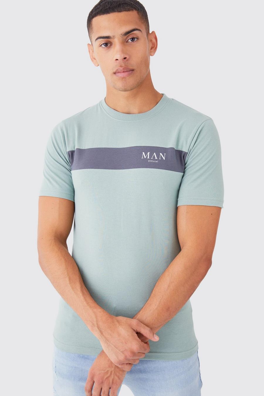 Camiseta MAN con letras romanas ajustada al músculo con colores en bloque, Sage