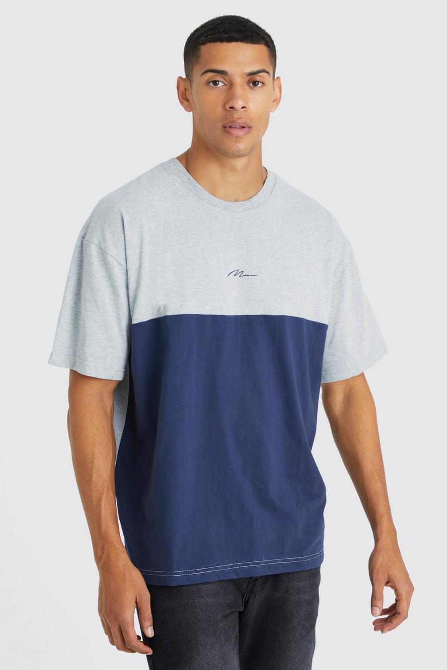 T-shirt oversize a blocchi di colore con firma Man, Navy