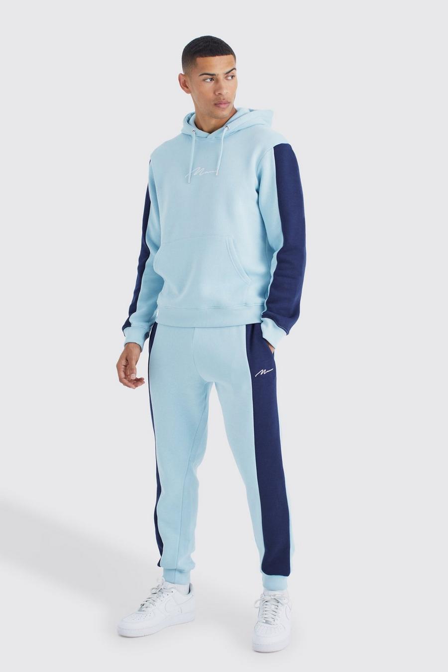 Tuta sportiva Slim Fit a blocchi di colore con firma Man, Light blue image number 1