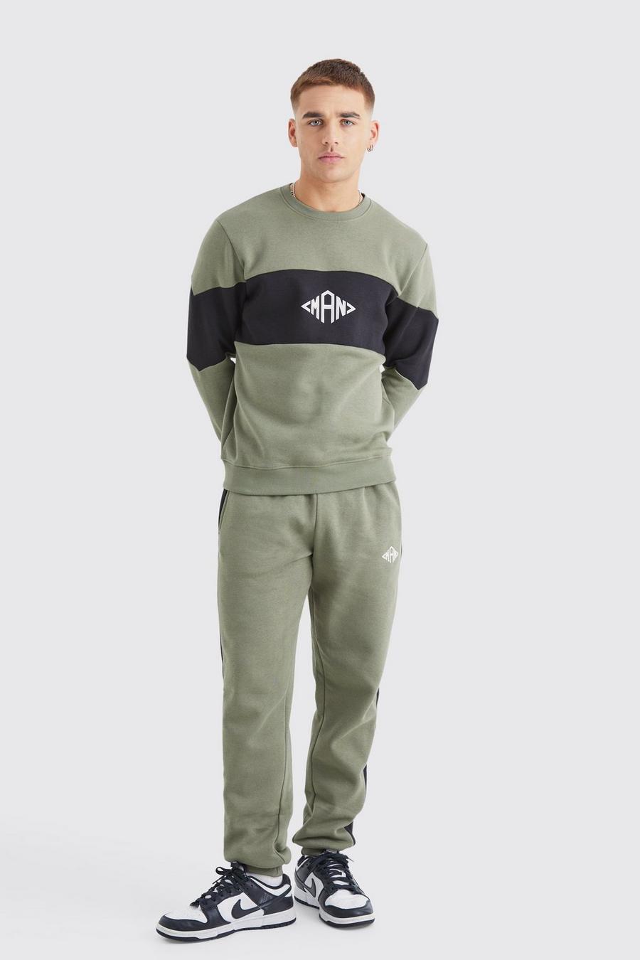 Man Slim-Fit Colorblock Sweatshirt-Trainingsanzug, Olive