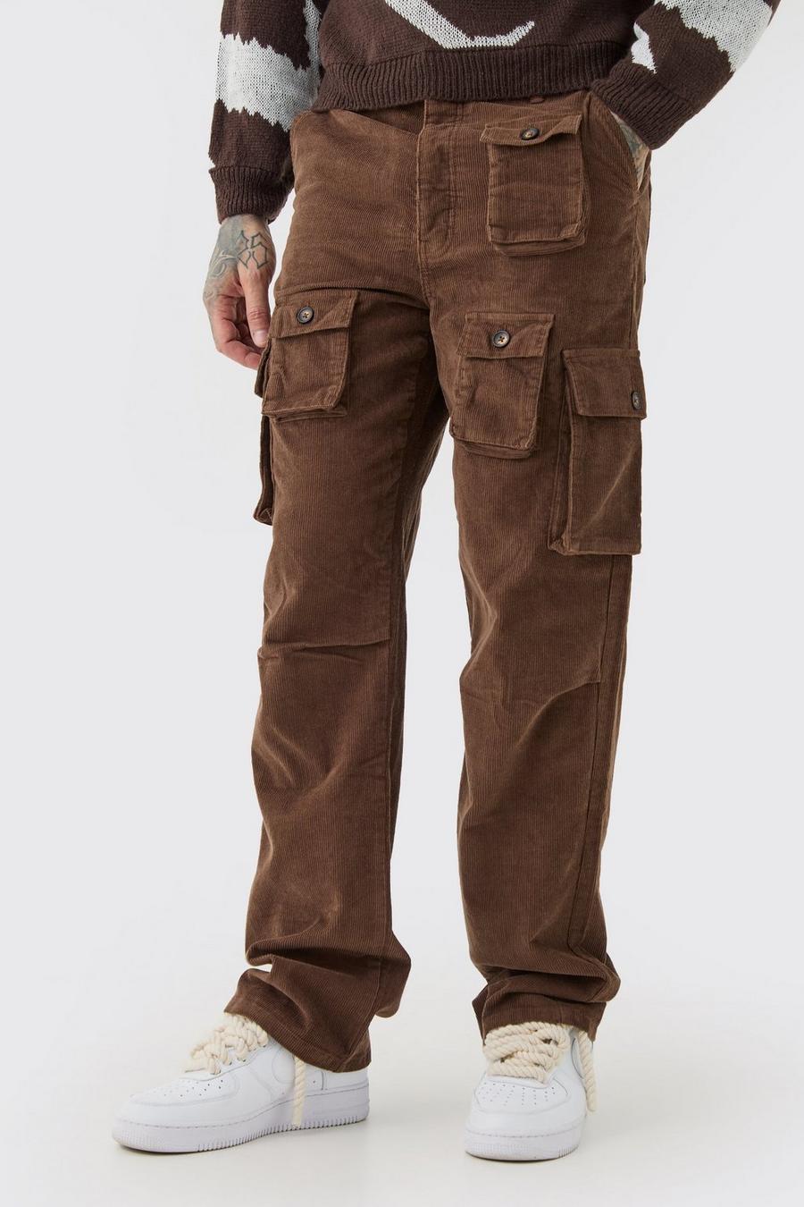Brown Tall Fixed Waist Cord Relaxed Leg Cargo Trouser image number 1