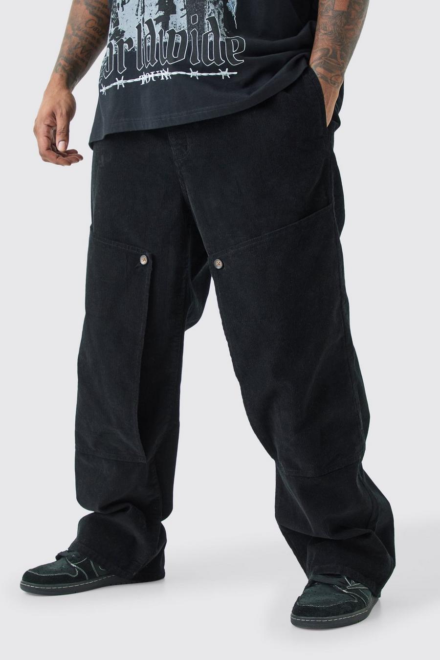 Pantalón Plus holgado estilo carpintero de pana con cintura fija, Black image number 1