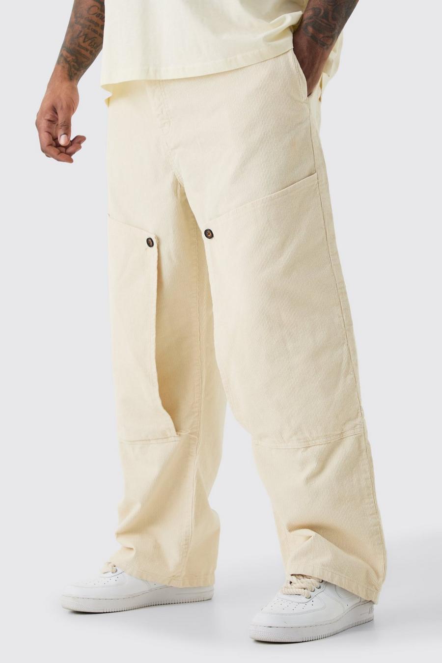 Pantaloni Carpenter rilassati Plus Size in velluto a coste con vita fissa, Stone