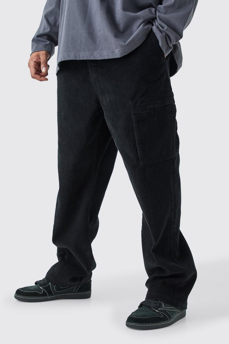 Black Plus Fixed Waist Cord Straight Leg Cargo Pants image number 1