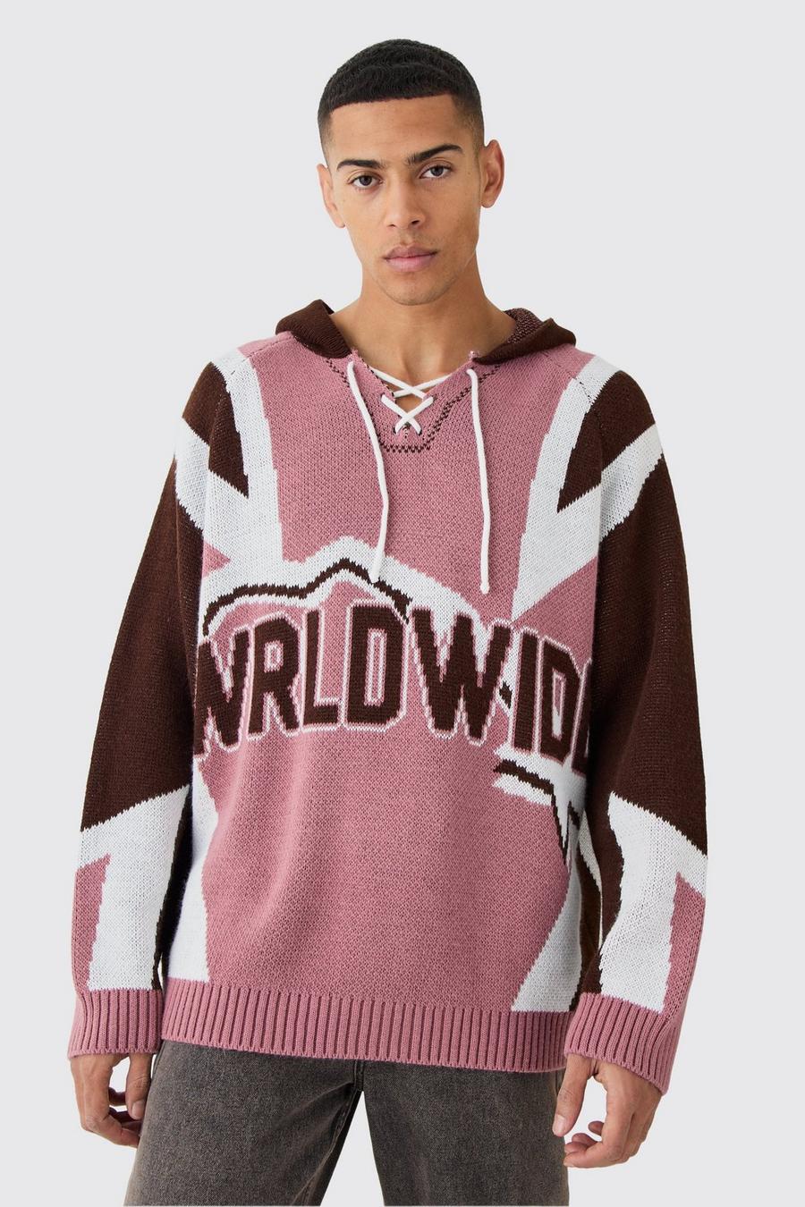 Pink Oversized Lace Up Hockey Jumper With Hood image number 1