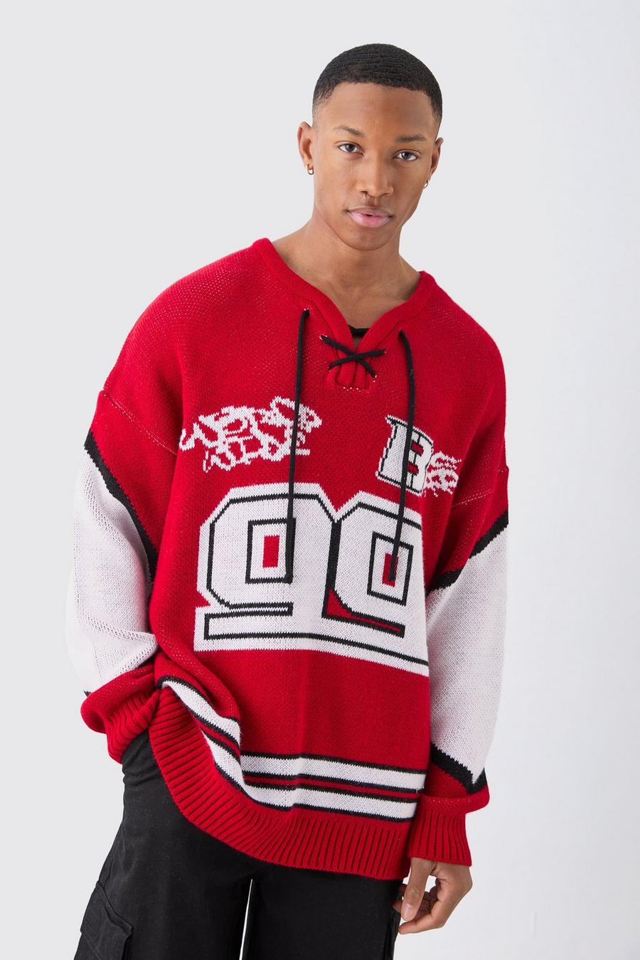 Red Oversized Lace Up Hockey Jumper image number 1