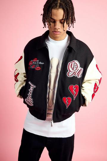 Black Boxy Heart Applique Varsity Bomber