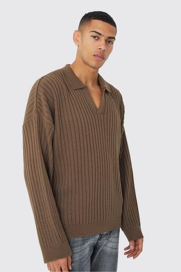 Oversized Chunky Ribbed V Neck Polo taupe