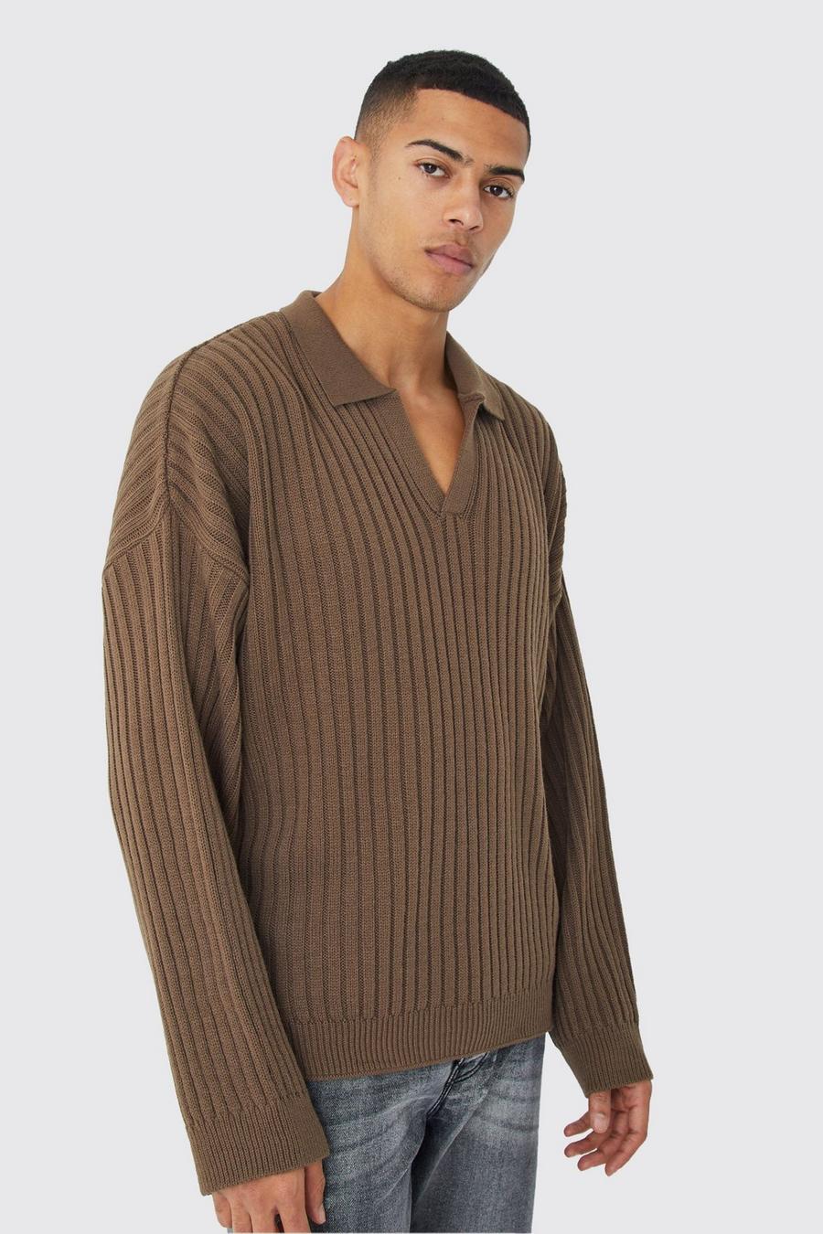 Taupe Oversized Chunky Ribbed V Neck Polo image number 1