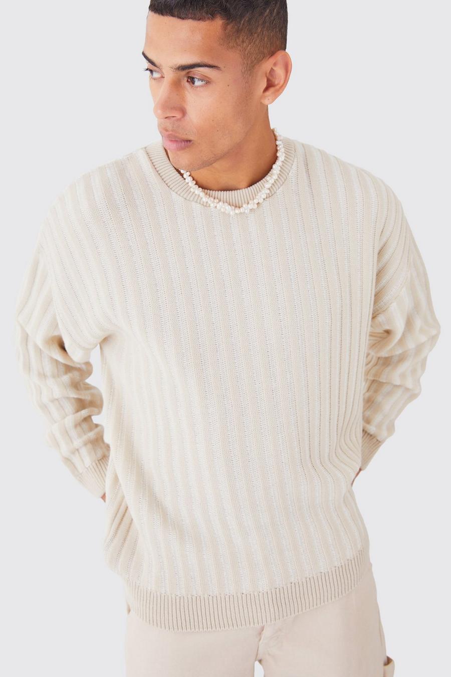 Stone Oversized Crew Neck Two Tone Rib Knitted Jumper image number 1