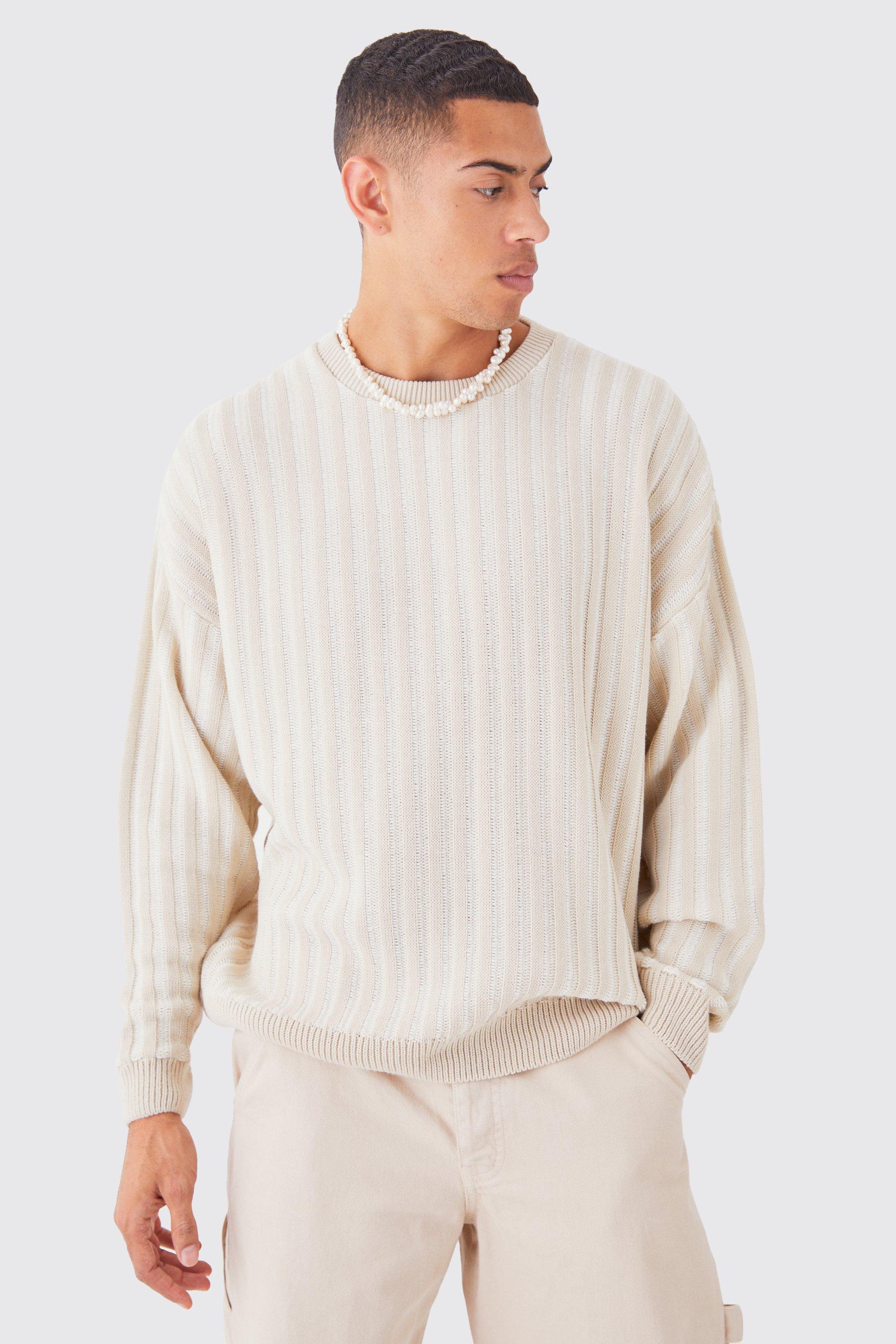 Oversized Crew Neck Two Tone Rib Knitted Jumper