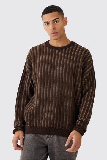 Oversized Crew Neck Two Tone Rib Knitted Jumper chocolate