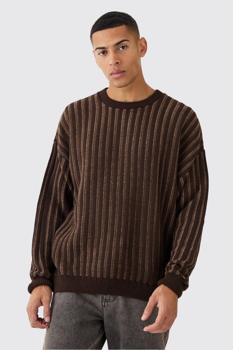 Chocolate Oversized Crew Neck Two Tone Rib Knitted Sweater